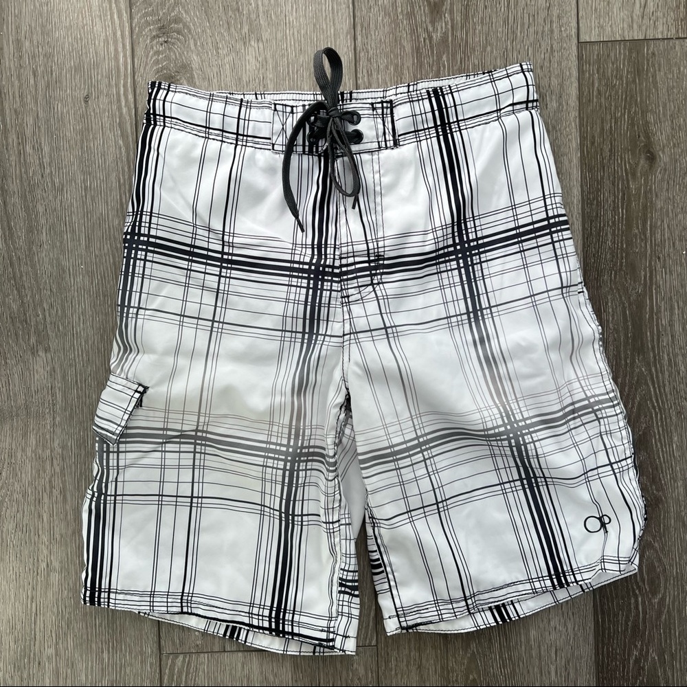 OP BOARD SHORT SWIM TRUNKS PLAID WHITE BLACK SMALL